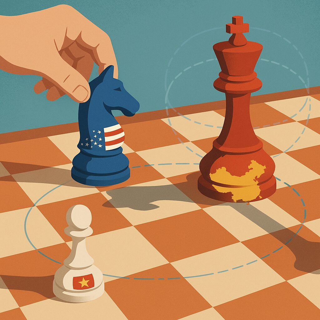 An illustrated chessboard shows a hand moving a blue knight with a U.S. flag, facing a red king with a China map, and a white pawn with a Vietnam flag nearby.